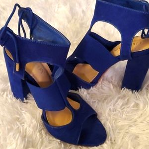 Blue Suede Block Heel Sandals - Women's Heels